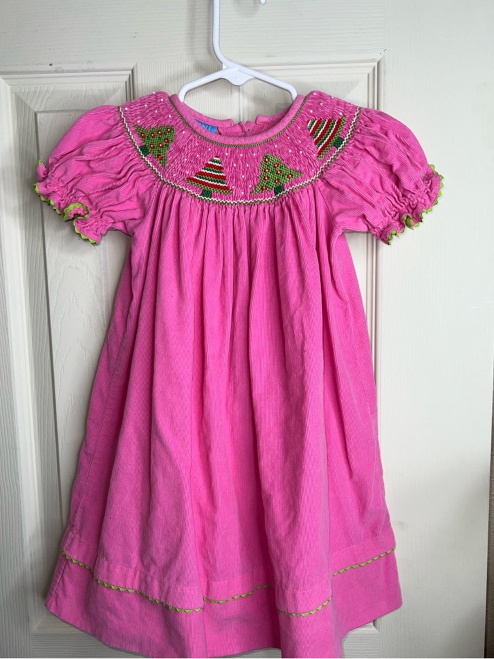 Anavini Smocked Dress Girls 24M Pink Christmas Trees Corduroy Bishop Style EUC
